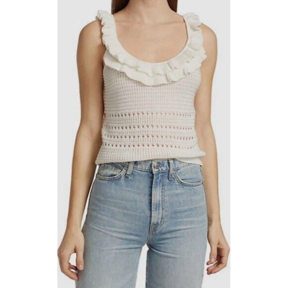 7 For All Mankind Size Small White Boho Crochet Ruffle‎ Cropped Tank Top - Picture 1 of 4